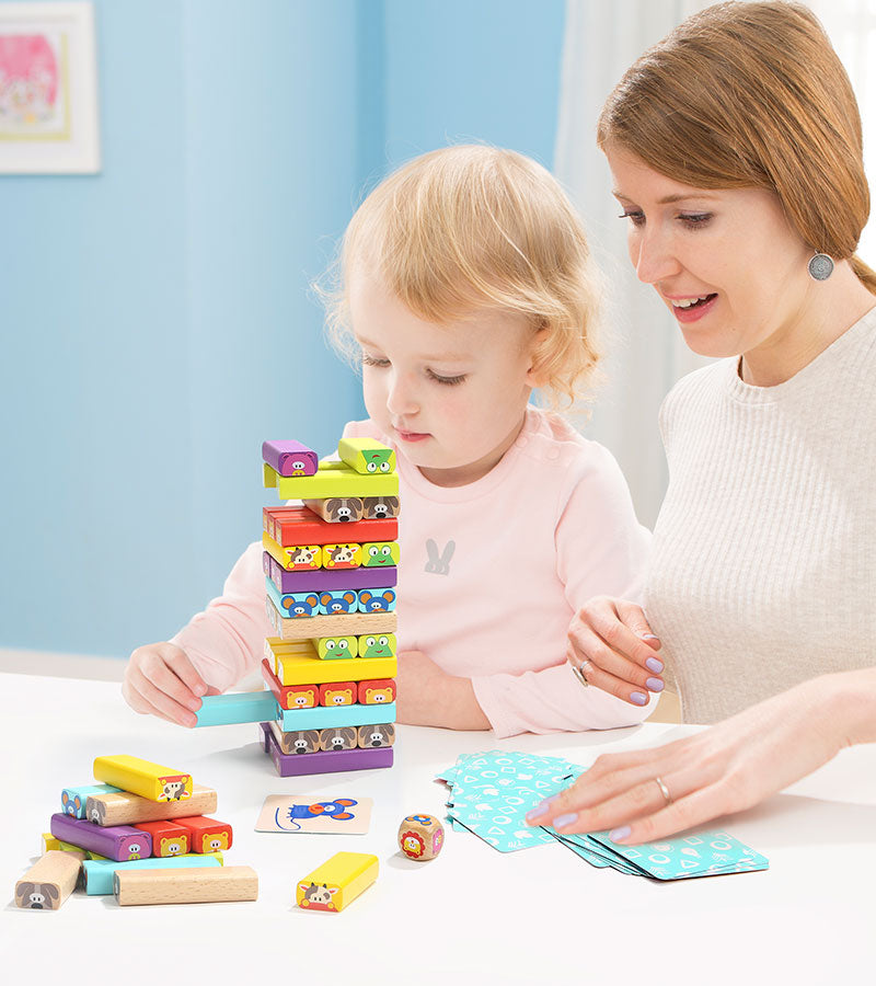 Stack animal blocks into a tower without making it fall. - Your kids will love this friendly competition.