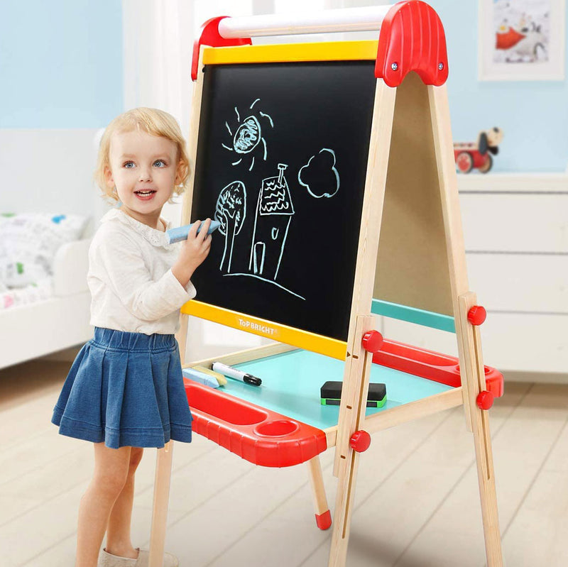 Whiteboard, chalkboard, and art table.